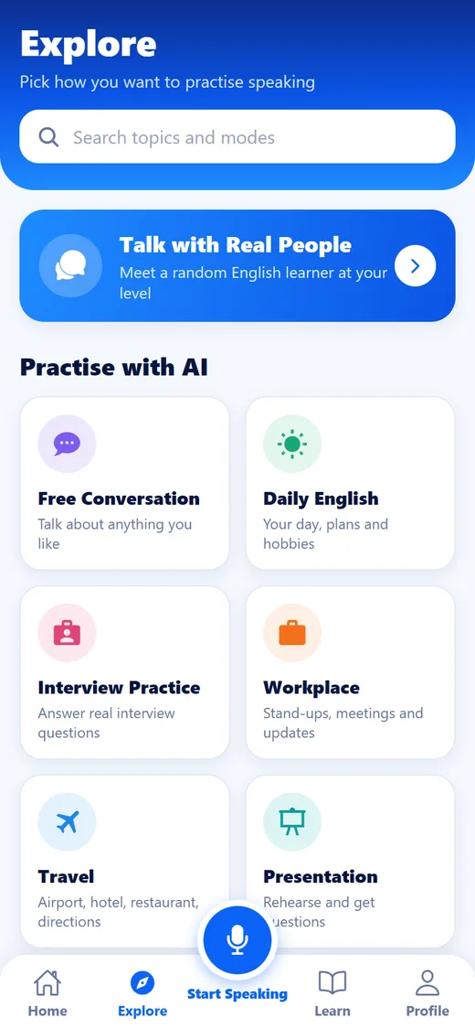 Explore screen with practice modes